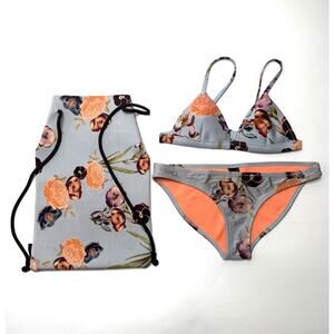 Triangl Neoprene Bikini Swimsuit Gray Floral 2pc Bathing Suit S/M With Bag GLAWS
